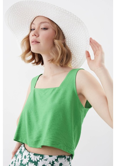 Vitrin Kare Yaka Sıfır Kol Crop Bluz YEŞİL