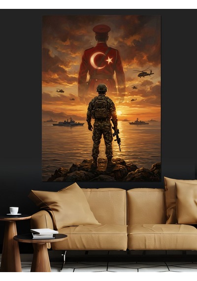 Türk Bayrağı Önünde Nöbetçi Mehmetçik Dekoratif Kanvas - Mdf Ahşap Tablo