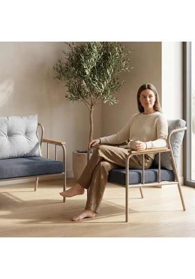 Paris 2+1+1 Metal Balkon Takımı Keten Dokulu Kumaş Cappuccino Metal - Bahçe Teras Oturma Grubu