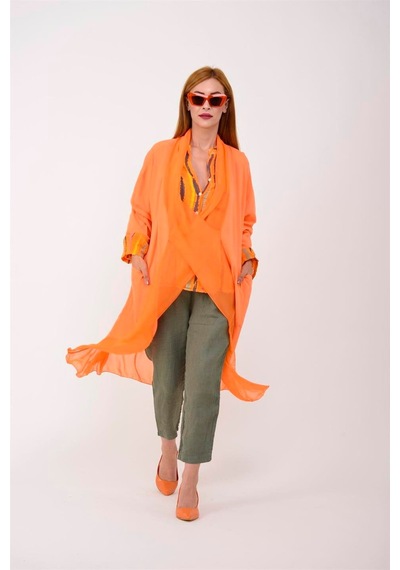 Bohem Stil Italyan Ipek Detaylı Oversize Kaftan & Bluz-8711 Oranj