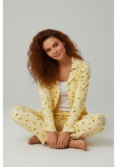 Süet Gömlek Pijama Takımı 7006 Limon Sarı