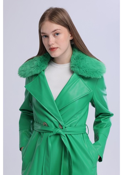 Selectmoda Kadın Peluş Yaka Deri Görünümlü Uzun Kaban Yeşil