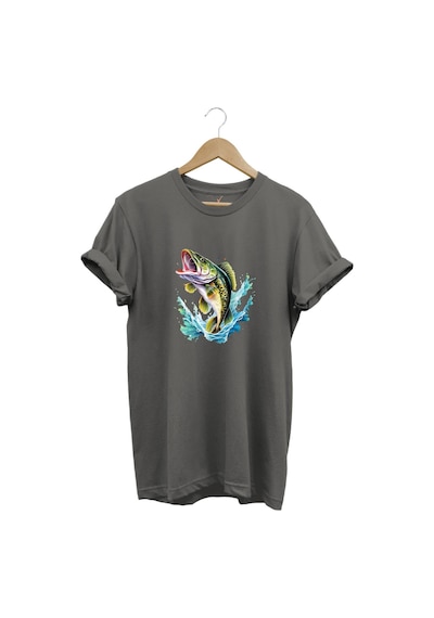 Fishing Balıkçılık Levrek Balığı Deniz Baskılı %100 Pamuk Regular Fit Bisiklet Yaka Gri T-shirt Gri