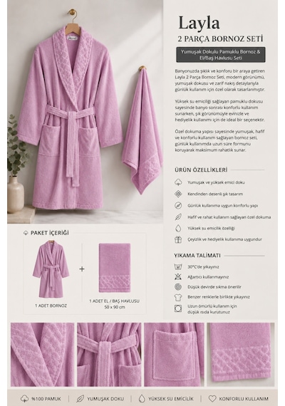 Layla 2 Parça Bornoz Seti Soft Unisex Bornoz Bornoz Erkek Bornoz Kadın Bornoz Hediyelik Sabahlık Çeyiz Pudra