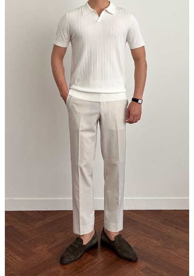Tarz Cool Erkek Slim Fit Fitilli Polo Yaka Triko T-shirt Beyaz