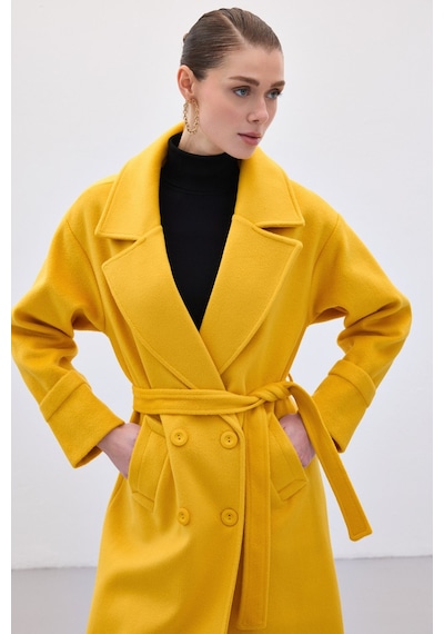 Sateen Beli Bağlamalı Uzun Kaban - Sarı-136632 Sarı