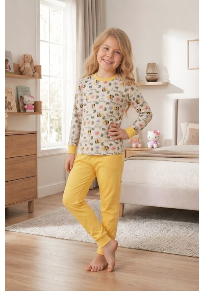 Modanino Kız ÇocukPamuk Pijama Takımı 4-11 Yaş 12628 Sarı