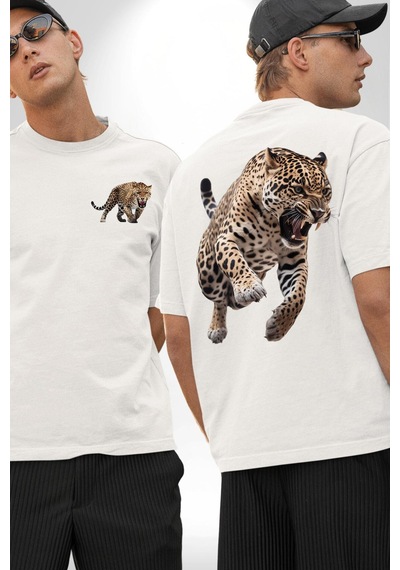 Jaguar Sırtından Çıkan Beyaz Oversize Unisex Ön Ve Sırt Baskılı Tişört Beyaz