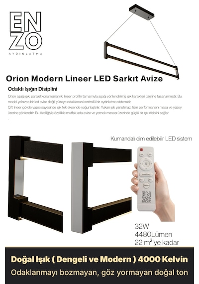 Orion Silver Lineer Led Sarkıt Avize Kumandalı Dim Edilebilir Aşağı Işık Doğal Işık