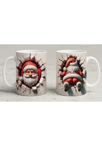 Komik Noel Baba 3d Tasarım Kupa Ön & Arka Farklı Görünümlü Bardak Beyaz