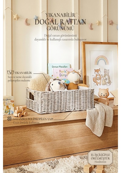 Ocean Home Textile Çocuk Odası Yıkanabilir Gri Pp Rattan Sepet 36 X 26 X 12 Cm
