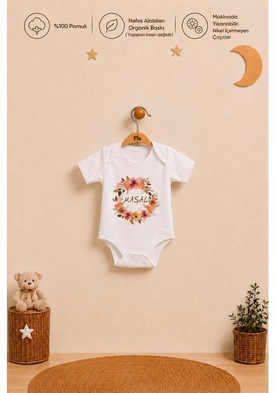 Pia Baby Kız Bebek İsme Özel Hediye Seti 2'li %100 Pamuk Organik Baskılı Body Zıbın Ve Ham Bez Kıyafet Kesesi 2077b2k3x Ekru