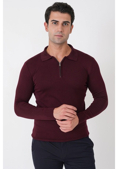 Slim Fit Esnek Pamuklu Fermuarlı Polo Yaka Bordo Triko Tr 902