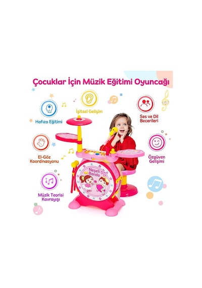 Bateri Seti Piyanolu Işıklı - Mikrofonlu, Tabureli Ve Mp3 Bağlantılı Çocuk Müzik Eğitim Seti