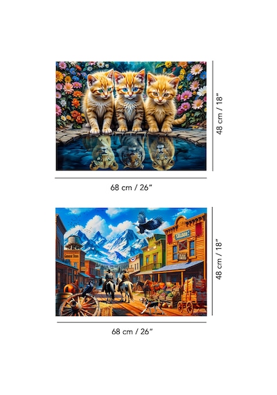 2 Adet 1000 Parça Puzzle - Aslan Kral Kedi Ve Vahşi Batı Kasabası Yapboz 68x48 Cm