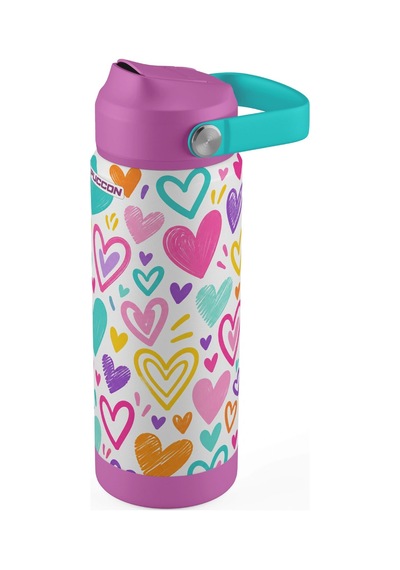 Puccon 540 Ml Renkli Kalpler Desenli Beyaz - Mor Kız Çocuk Pipetli Çelik Termos Matara/suluk - 60063