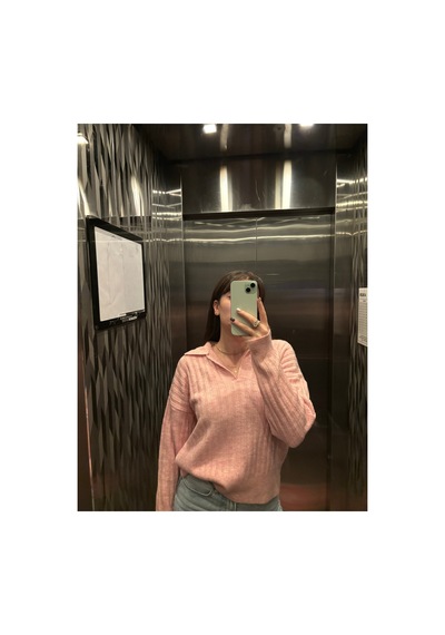 Maison Velora Kadın Pembe Polo Yaka V Yaka Fitilli Oversize Triko Kazak Pudra Pudra