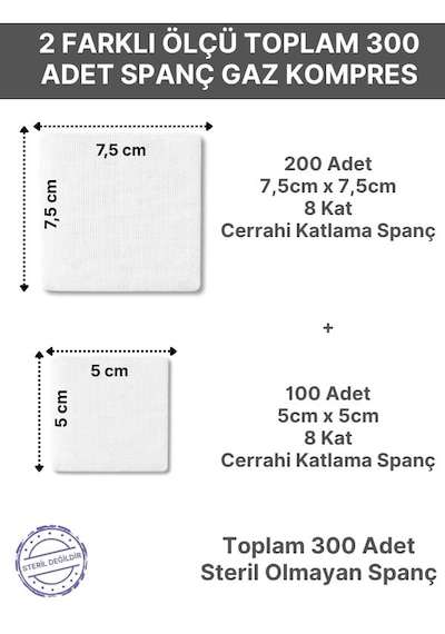 Spanç Gazlı Bez Kombo 2 Paket 8 Katlı 300 Adet - Yüksek Emici, Yapışmayan, Nefes Alabilir %100 Pamuk Yara Pansuman Pedi