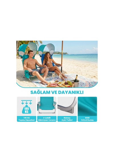 Wejoy Wavora B10 Plus Upf50+ Gölgelikli 4 Kademeli Katlanır Plaj Sandalyesi Cyan Turkuaz