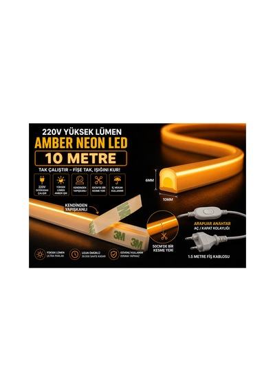 25 Metre Amber 220v Neon Led Şerit ,tak Çalıştır Set, Fişli Anahtarlı Esnek Şerit Led, ,turuncu Led,mutfak,tezgah Ledi,led Şerit Işık ,ambiyans Işık Havuzu, Kendinden Yapışkanlı,kehribar Led