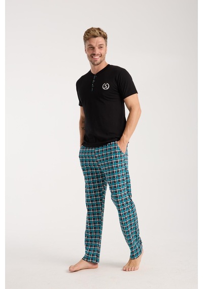 Akbeniz Erkek Düğmeli Yaka Siyah Kısa Kol Pijama Takımı