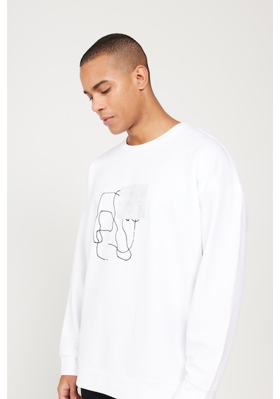AC&Co / Altınyıldız Classics ERKEK BEYAZ Oversize Fit Geniş Kesim Bisiklet Yaka Baskılı Rahat Sweatshirt Beyaz