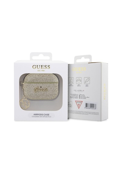 Apple Uyumlu AirPods Pro 2 Kılıf Guess Glitter 4g Charm Exclusive Tasarım Gold