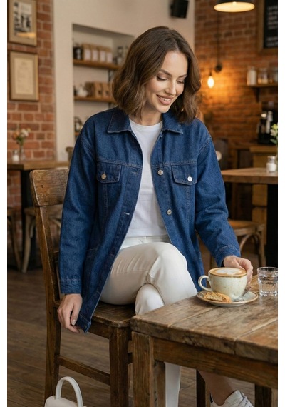 Hb Harma Time Butik Kadın Cep Detaylı Denim Lacivert Kot Ceket