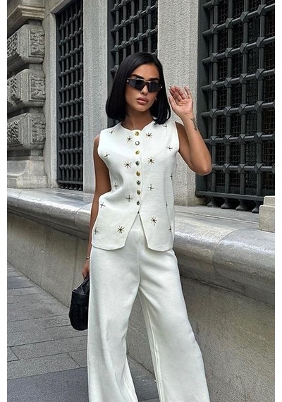 Moderie Butik Paulo Gold Düğmeli Yelek Pantolon Takım 9976 Ekru