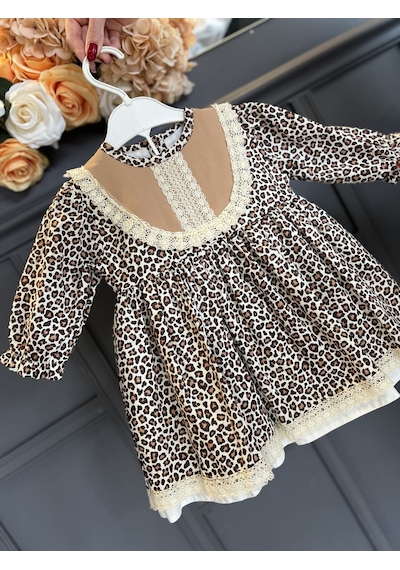 Dantel Detaylı Leopar Desenli Pamuklu Kız Çocuk Bebek Elbise 001