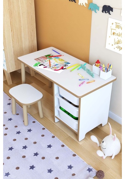 Çocuk Çalışma Masası 90x45 Cm 3 Sepetli Çocuk Masa Tabure Seti Oyun & Aktivite Masası Çok Renkli