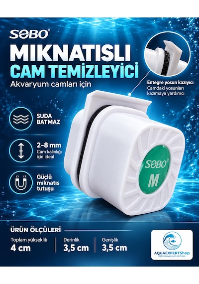 Sobo Akvaryum Mıknatıslı Cam Temizleyici - Suda Batmaz - 4 X 3.5 X 3.5 Cm - Ekstra Yosun Kazıyıcı Uç - Güçlü Mıknatıs Tutunma Gücü