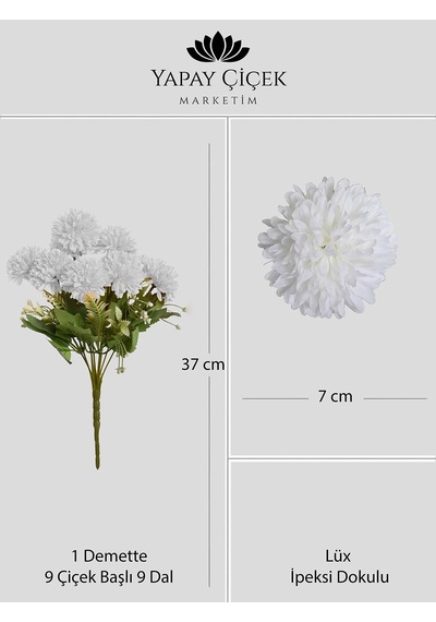 Beyaz Yapay Krizantem Çiçeği Demeti 9 Dallı Lüx İpeksi Dokulu 37 Cm