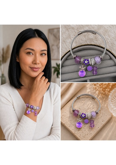 Premium Parlak Mor Çiçek Ve Kristal Charm Detaylı Gümüş Renk Kadın Charm Bijuteri Bileklik 20cm Gümüş - Mor