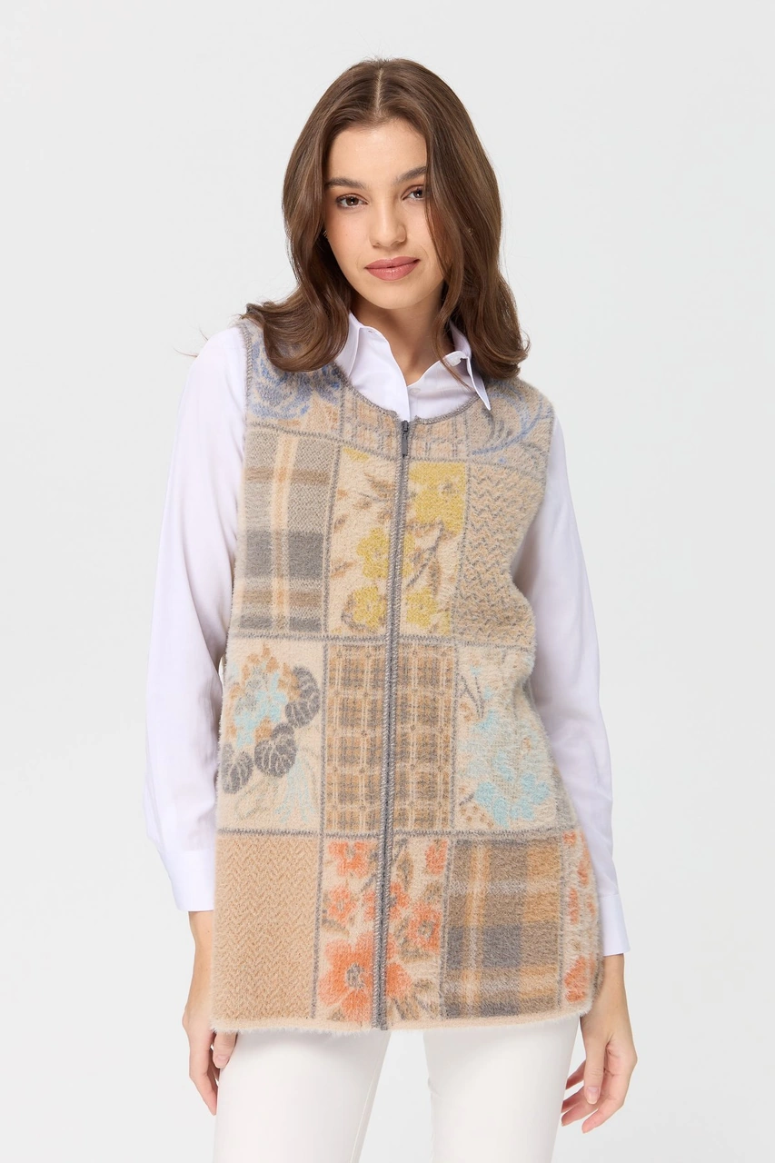 Desen Triko Kadın Sıfır Yaka Patchwork Yelek Bej Bej