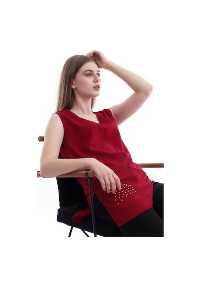 Self Clothing Kadın Bordo V Yaka Cep Ve Yırtmaç Detaylı Bluz Slf1246-Bordo