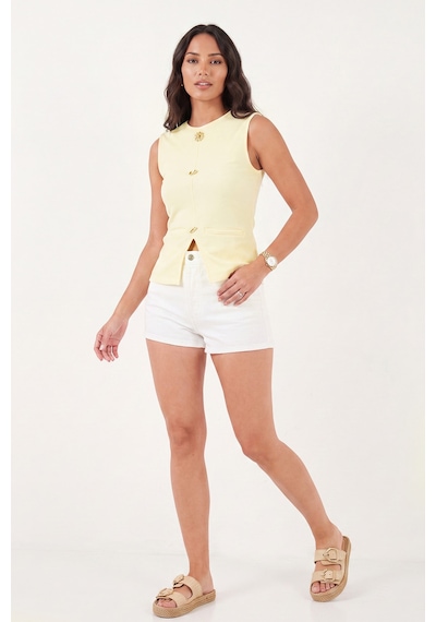Lela Fittted Fit Bisiklet Yaka Aksesuar Detaylı Bluz Kadın Bluz 5866475 Sarı Sari