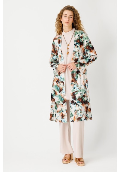 Esswaap Özel Desenli Kimono Bluz Pantolon Kolyeli Takım Bej-bej Bej