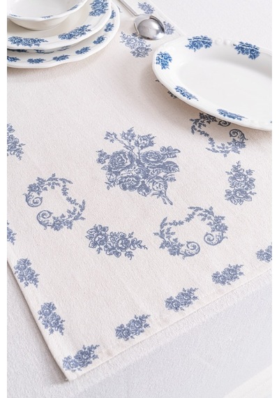 Flowers Blue Keten Runner-7526 Çok Rekli