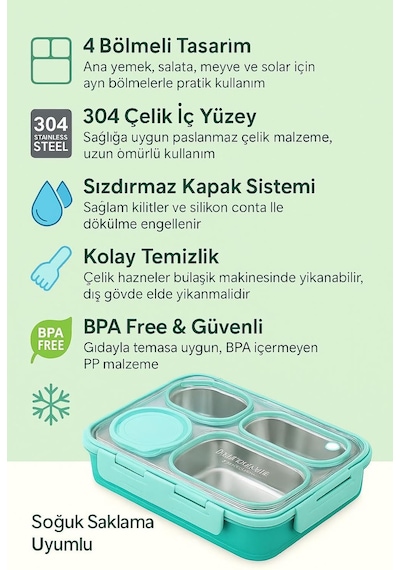 304 Çelik Yeşil 950 Ml 4 Bölmeli Öğrenci Ofis Yemek Mama Kabı Sefertası Cin864ys Çok Renkli