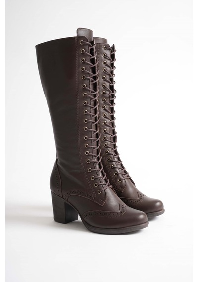Analin Shoes Kadın Hakiki Deri Bağcıklı Topuklu Çizme Kahve