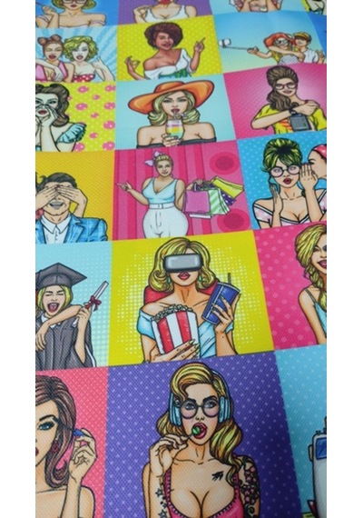 Renkli Karışık Popart Kızları Desenli Dijital Baskılı Kumaş