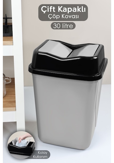 Çift Kapaklı Plastik Çöp Kovası - Ev Ofis Banyo Mutfak Çöp Kovası Gri 30 Litre Gri