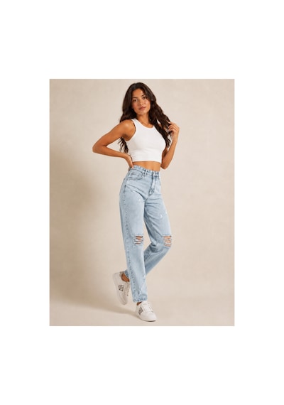 Kene Jeans Yüksek Bel Diz Lazer Yırtık Taş Yıkama Mom Jeans Pantolon Taş Yıkama
