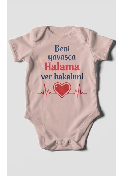 Morivokids Beni Yavaşça Halama Ver Bakalım Kısa Kollu Bebek Body %100 Pamuk Pastel Pembe