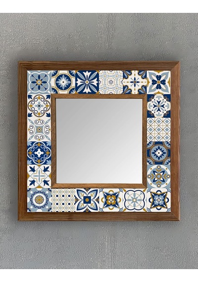 Oscar Stone Decor Masif Ahşap Çerçeveli Mozaik Taş Ayna 33x33 Cm Mavi Sarı Makyaj Aynası Çok Renkli