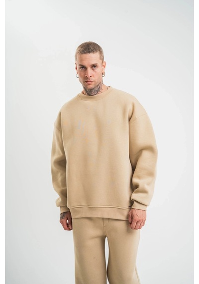 Erkek Uzun Kol Bisiklet Yaka 3 İplik Pamuklu Kışlık Sweatshirt - Bej Bej