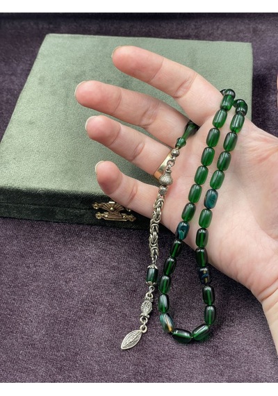 Alpaka Kral Zincir Püsküllü Koyu Yeşil Ateş Kehribar Tesbih 7x11 Mm