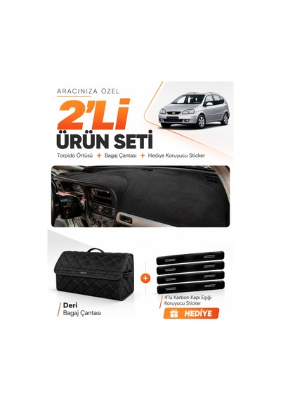 Chevrolet Rezzo 2000-2011 Uyumlu Torpido Örtüsü + Deri Bagaj Çantası + Sticker Seti - Siyah