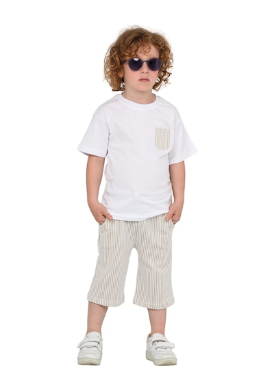 Erdem Kıds Erkek Çocuk Basic T-shirt Şort Çizgili Kaprili Yazlık 2'li Takım Bej Bej